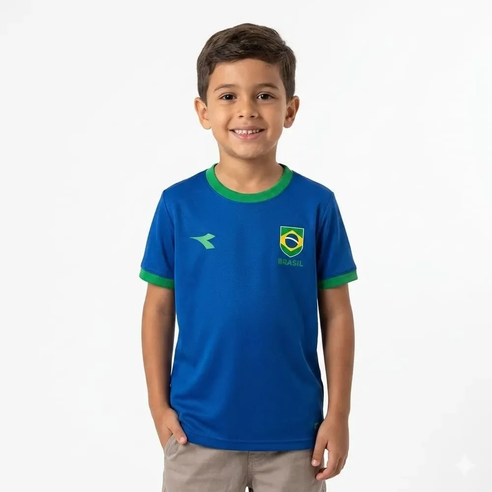 Camiseta Brasil Diadora Campione Escudo Infantil Azul