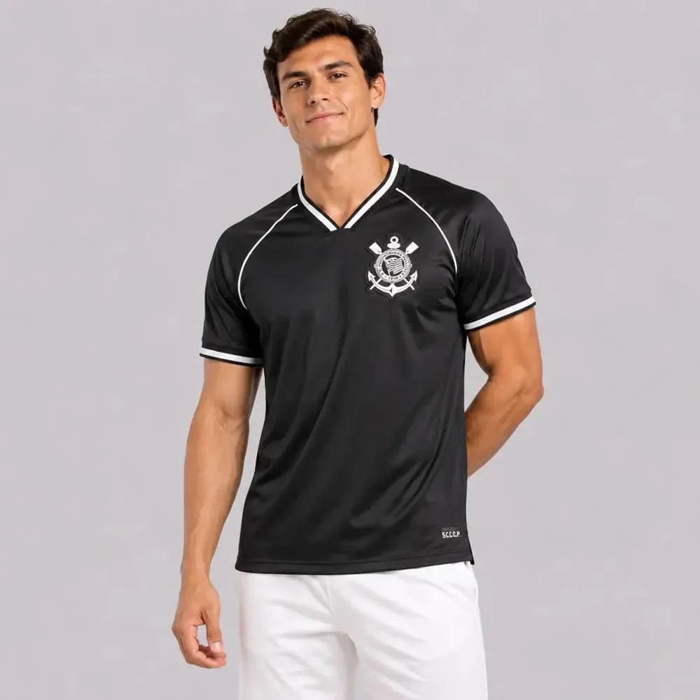 Camiseta Corinthians Coimbra Raglan V Bordado Preto/Branco