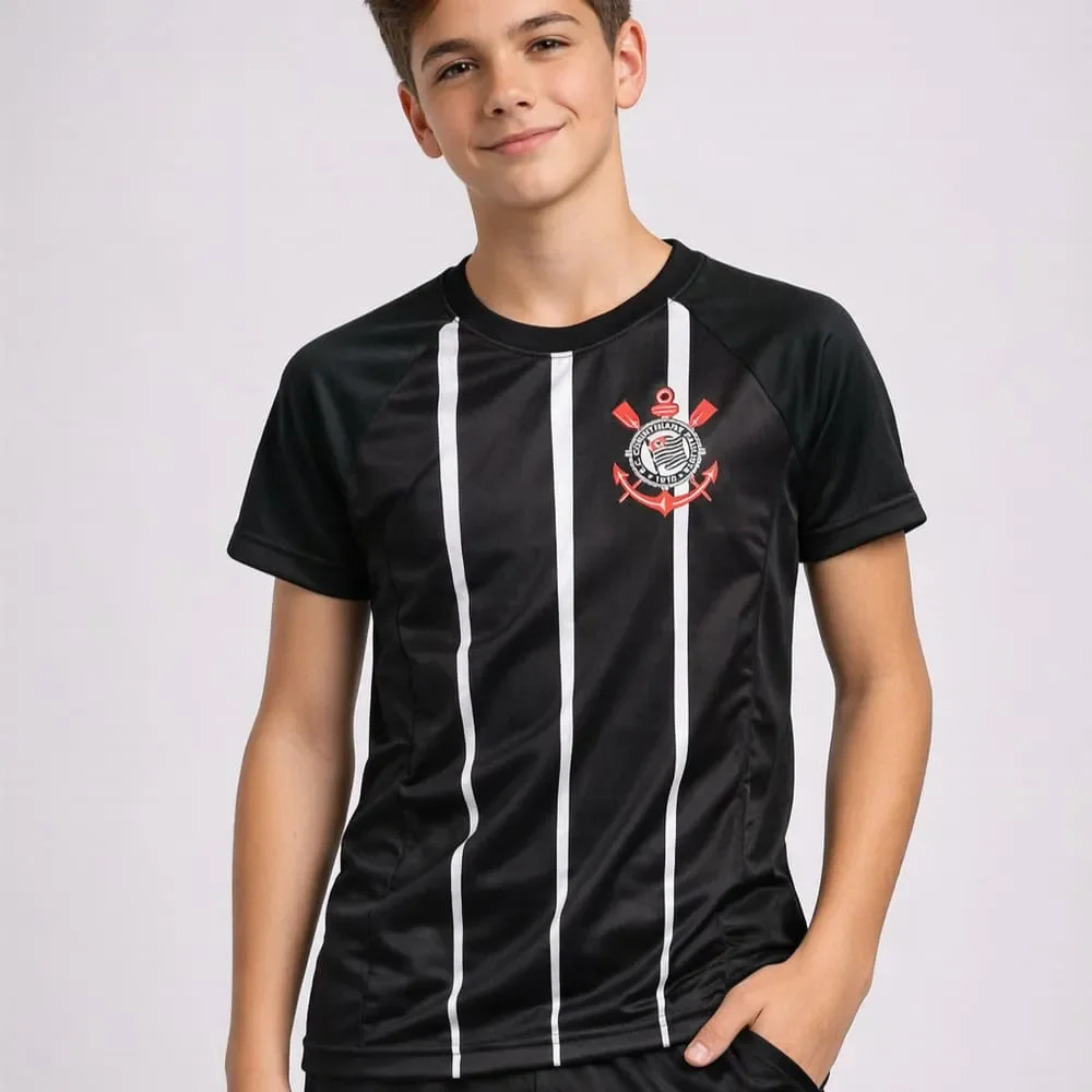 Camiseta Corinthians Coimbra Recorte Lateral Infantil Preto/Branco